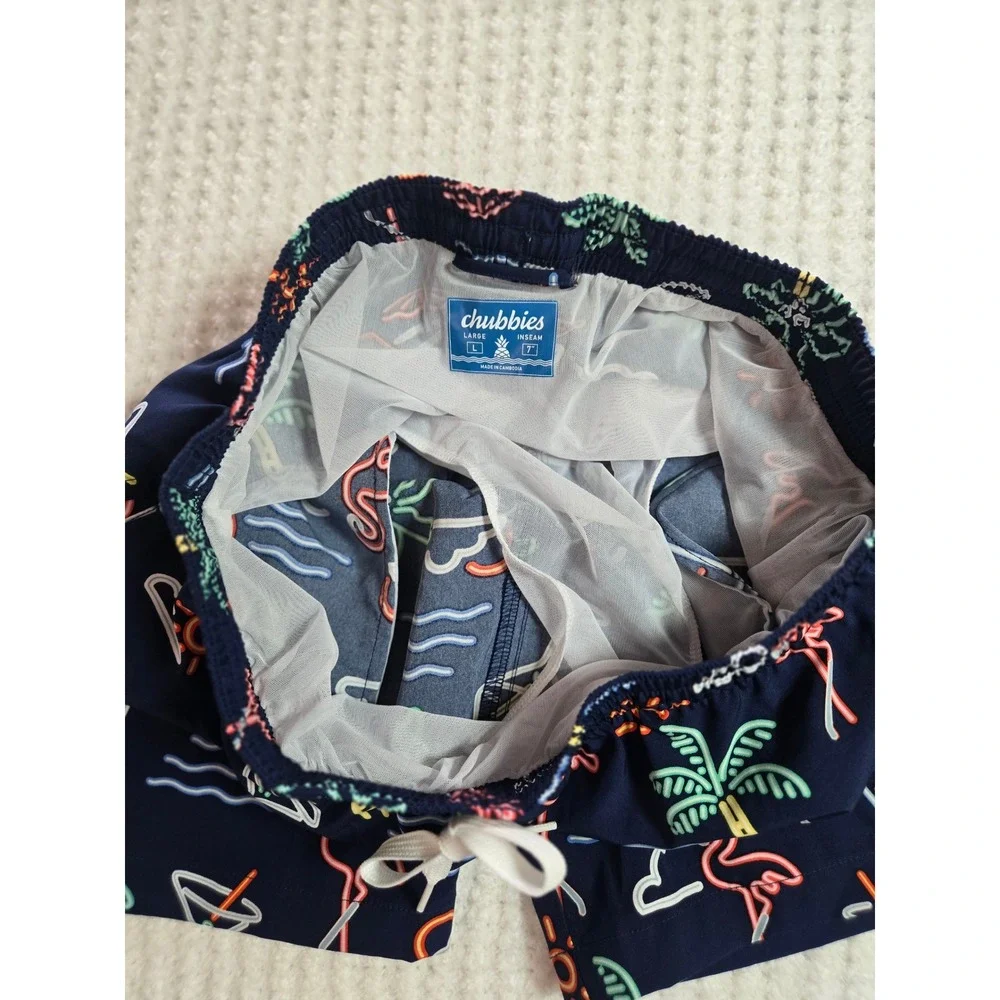 Chubbies Mens Navy Neon Flamingo Palm‎ Tree Swim Trunks 7 Inch Inseam Large